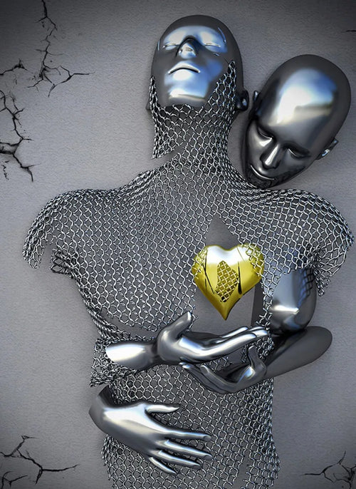 affiche toile couple amoureux s'embrassant avec paillettes argentées