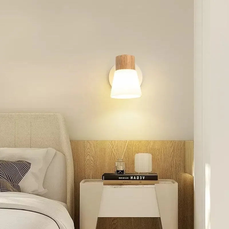 Applique murale nordique en bois LED Double tête lait blanc applique murale en verre pour chambre salon étude salle à manger décor à la maison luminaire - vue 4 sur 10