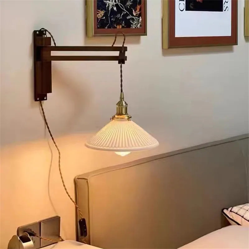 applique murale japonaise en bois rétro avec abat-jour en céramique - vue 5 sur 17