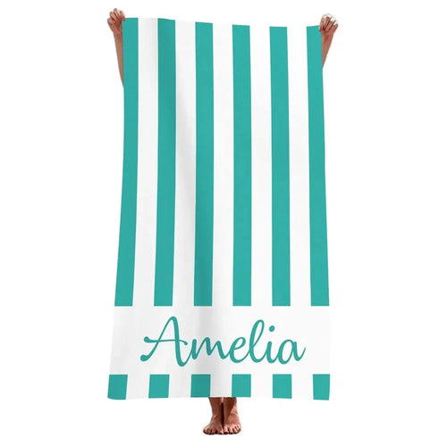 Serviette de plage personnalisee rayee microfibre avec prenom