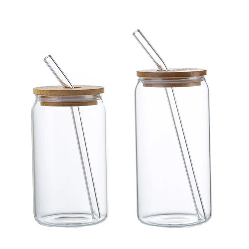 Verre canette borosilicate avec couvercle bambou et paille