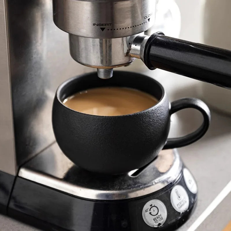 Tasse café rétro motif pierre brûlée soucoupe céramique