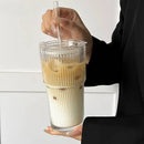 Grande tasse verre rayé avec couvercle et paille