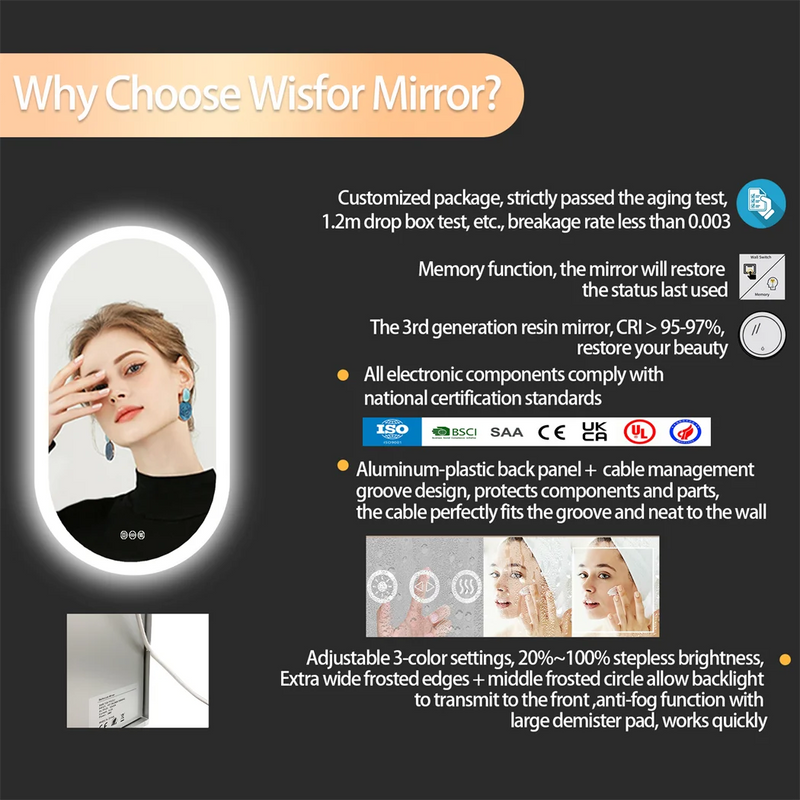 miroir ovale à led intelligent antibuée avec mémoire de lumière