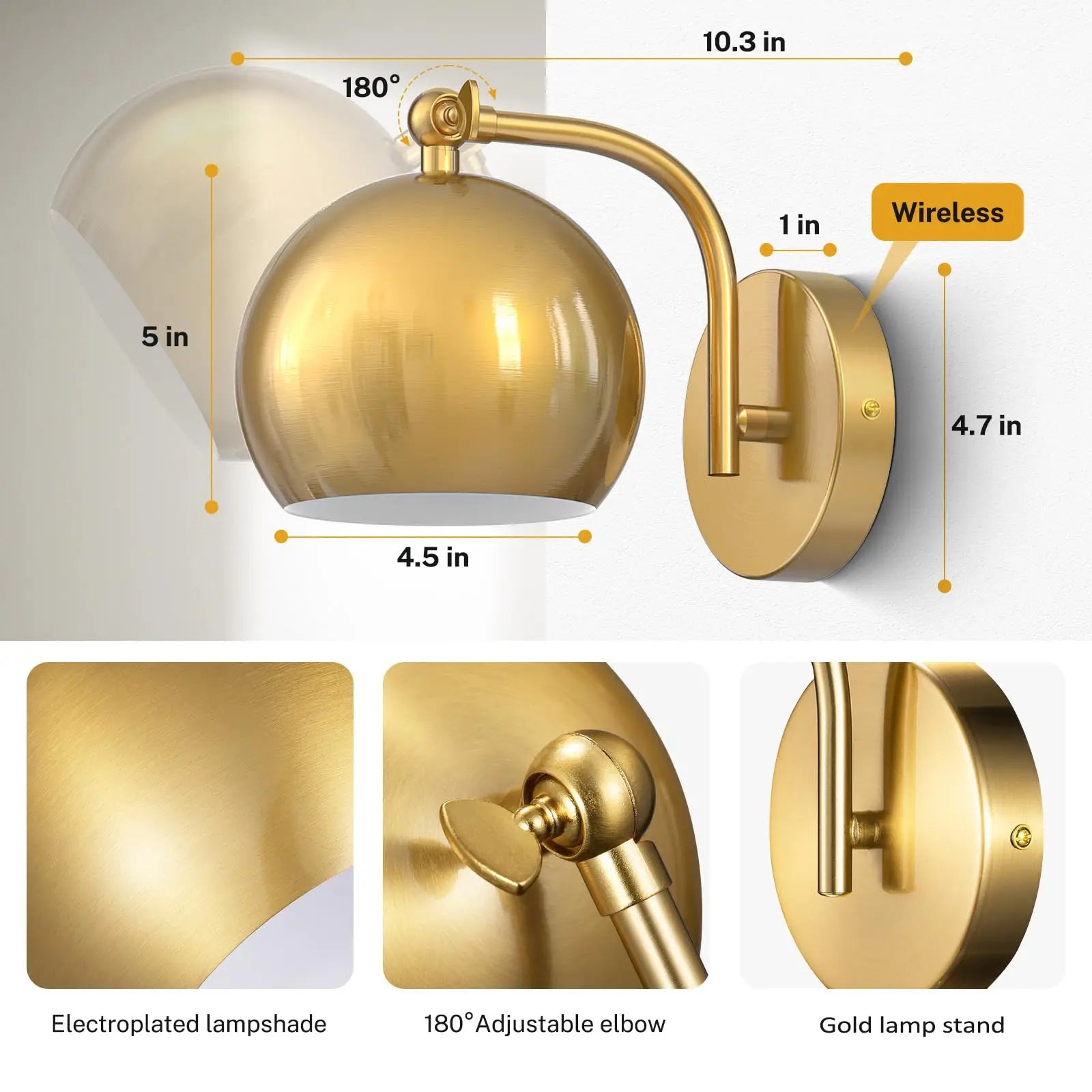 Gold Wall Sconces Battery Operated, Not Hardwired Dimmable, Battery Wall Sconce Wireless Wall Lamp for Bedroom, Bulb Included - vue 3 sur 7