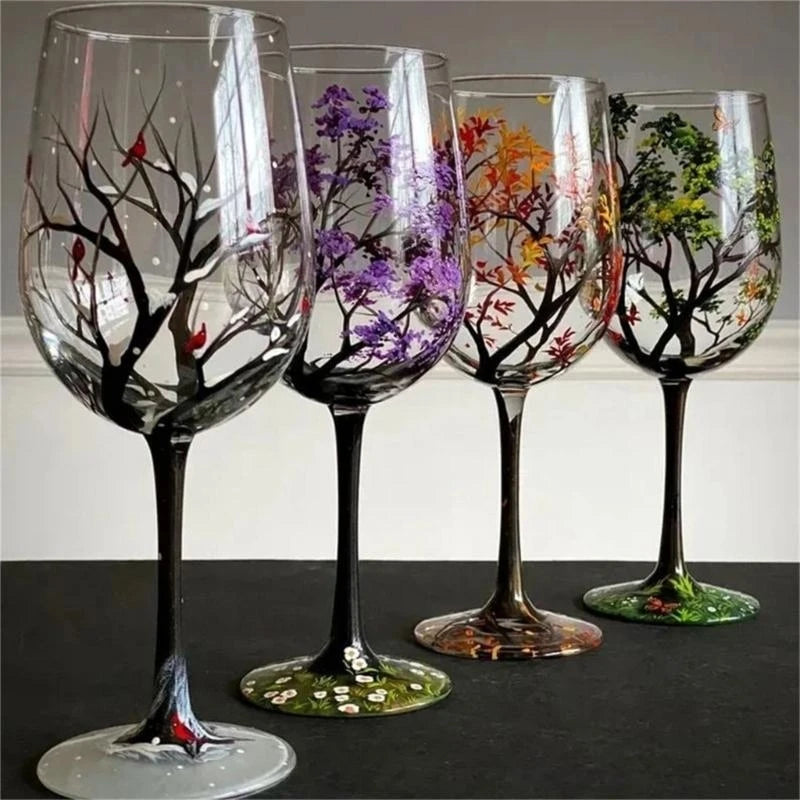 Verre à vin arbre quatre saisons peint main - vue 3 sur 7