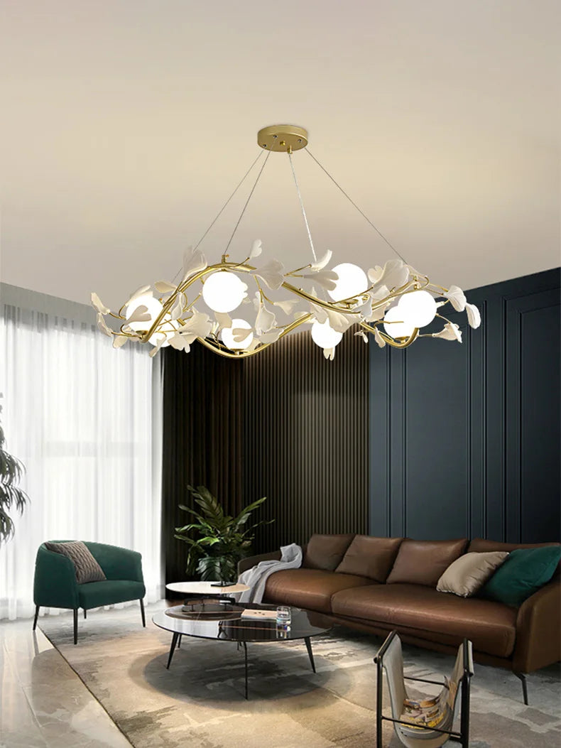 lustre en feuilles de ginkgo avec éclairage led décoratif moderne - vue 4 sur 8