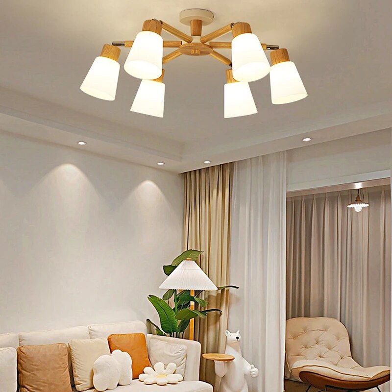 Lustre bois LED têtes salon maison intérieur moderne - vue 4 sur 12