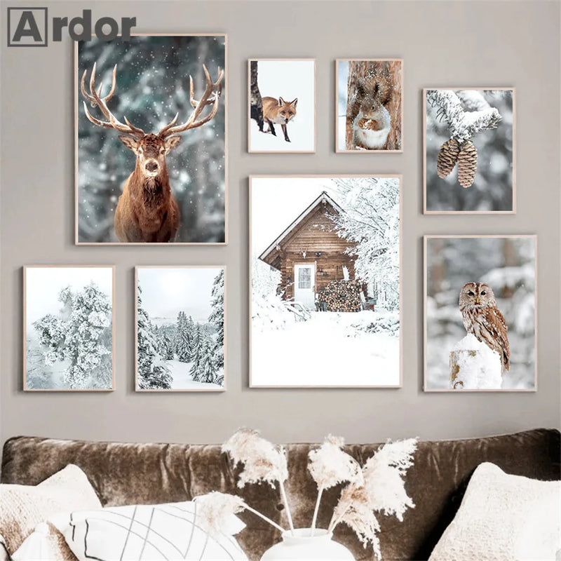 peinture murale forêt enneigée avec animaux nordiques décorative