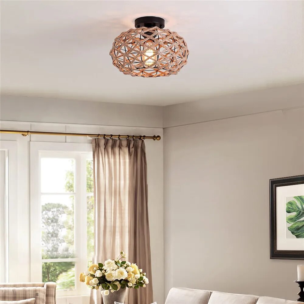 plafonnier tissé rustique corde chanvre plafond couloir ferme noir - vue 3 sur 6