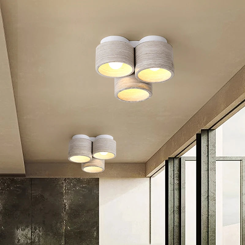 plafonnier led moderne wabi sabi en pierre grain de bois à 3 têtes