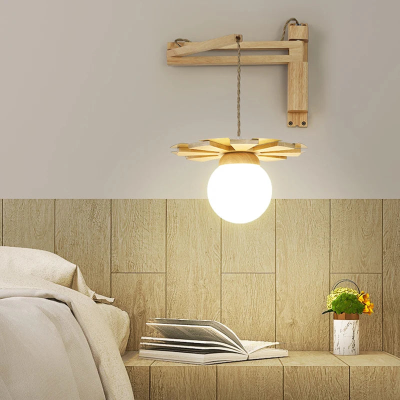 Applique murale suspendue en bois nordique avec bras oscillant applique murale LED pour chevet salon étude couloir abat-jour en verre blanc laiteux - vue 3 sur 7