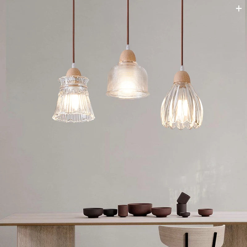 Lampe de chevet verre bois LED E27 Suspension
