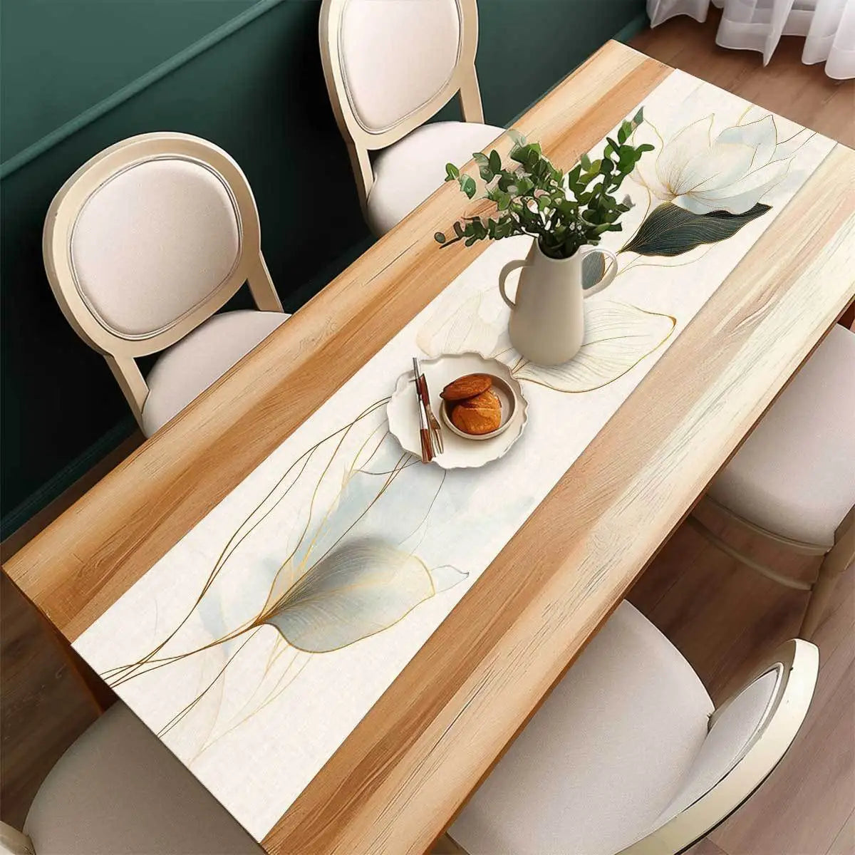 Chemin de table motifs feuilles abstraits style botanique - vue 2 sur 6