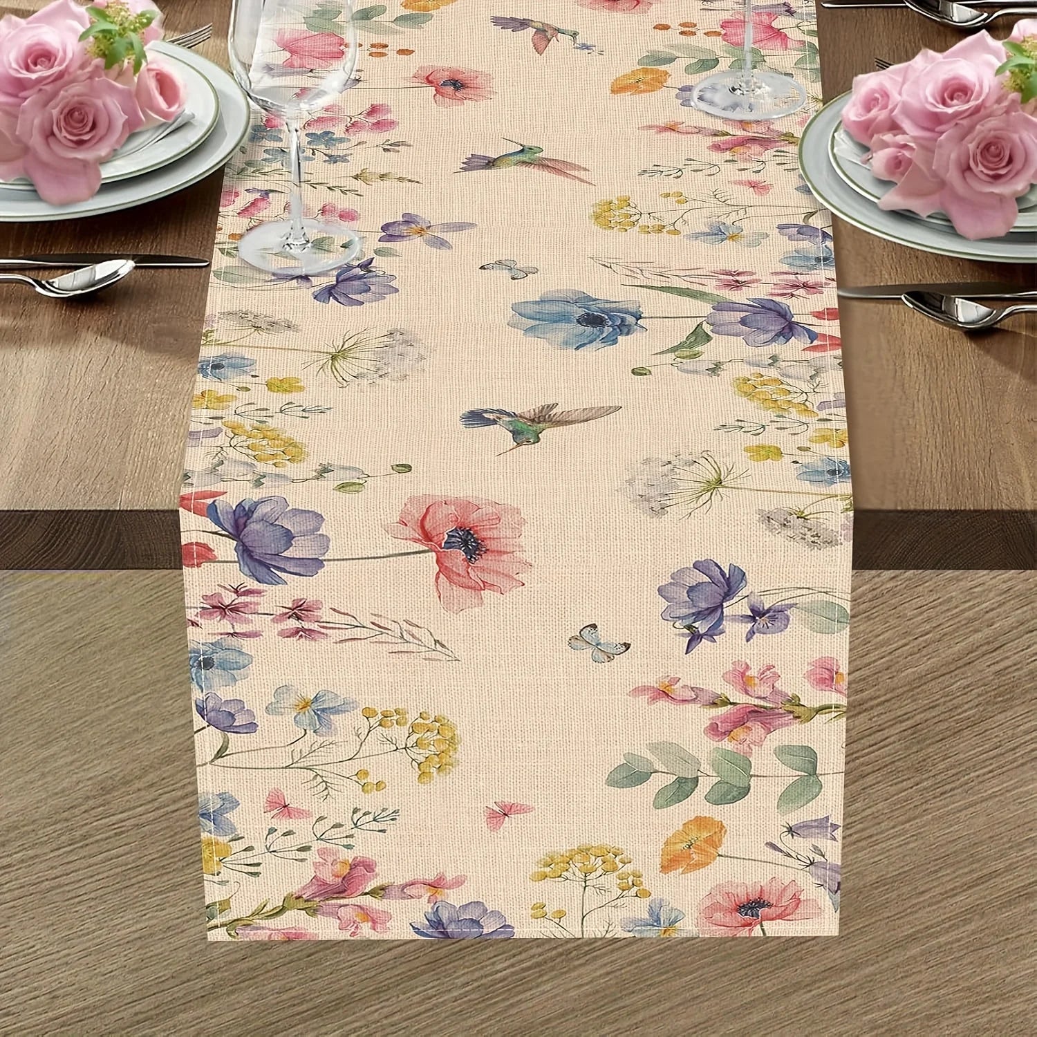 Chemin de table floral aquarelle papillons style printanier