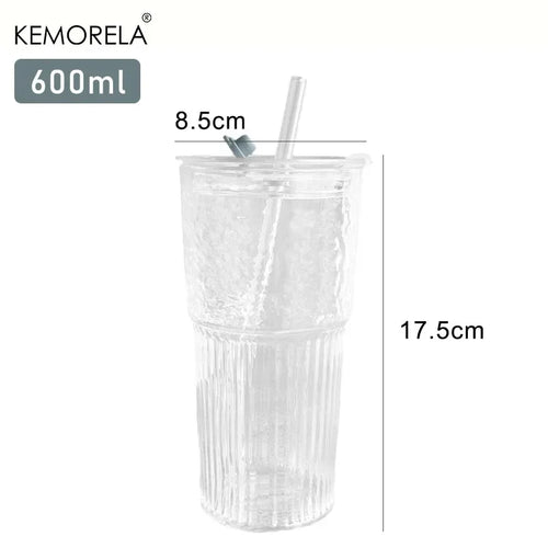 Gobelet verre rayé 600 ml avec couvercle paille