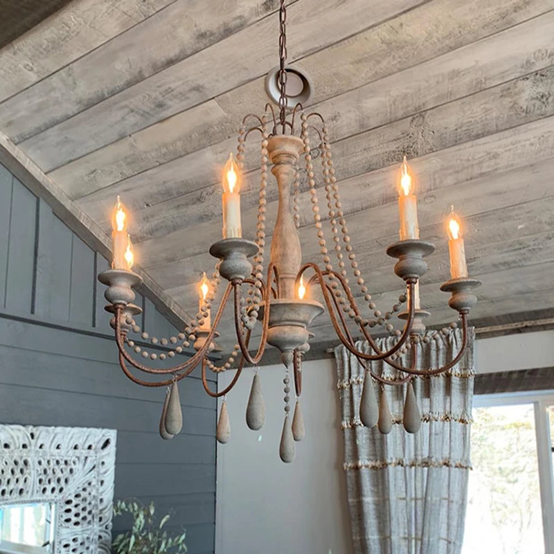 lustre vintage rustique en bois avec perles pour éclairage intérieur