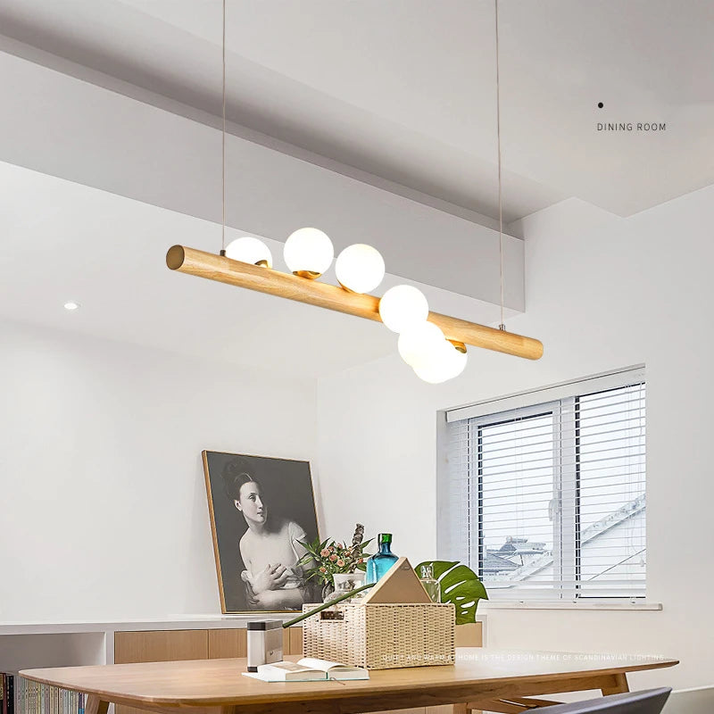 LED longue suspension en bois lumières moderne boule de verre lustre Art Design Luminaire en bois G9 suspension pour éclairage de salle à manger - vue 5 sur 10