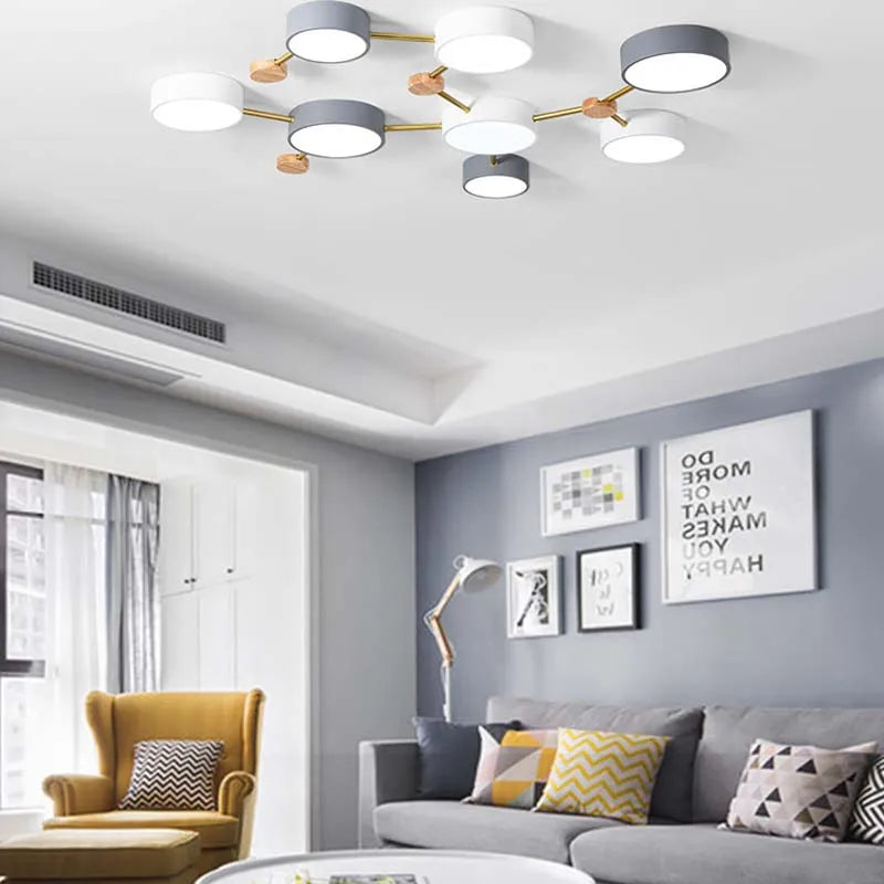 plafonnier nordique led bois macaron 3-8 têtes éclairage décoratif