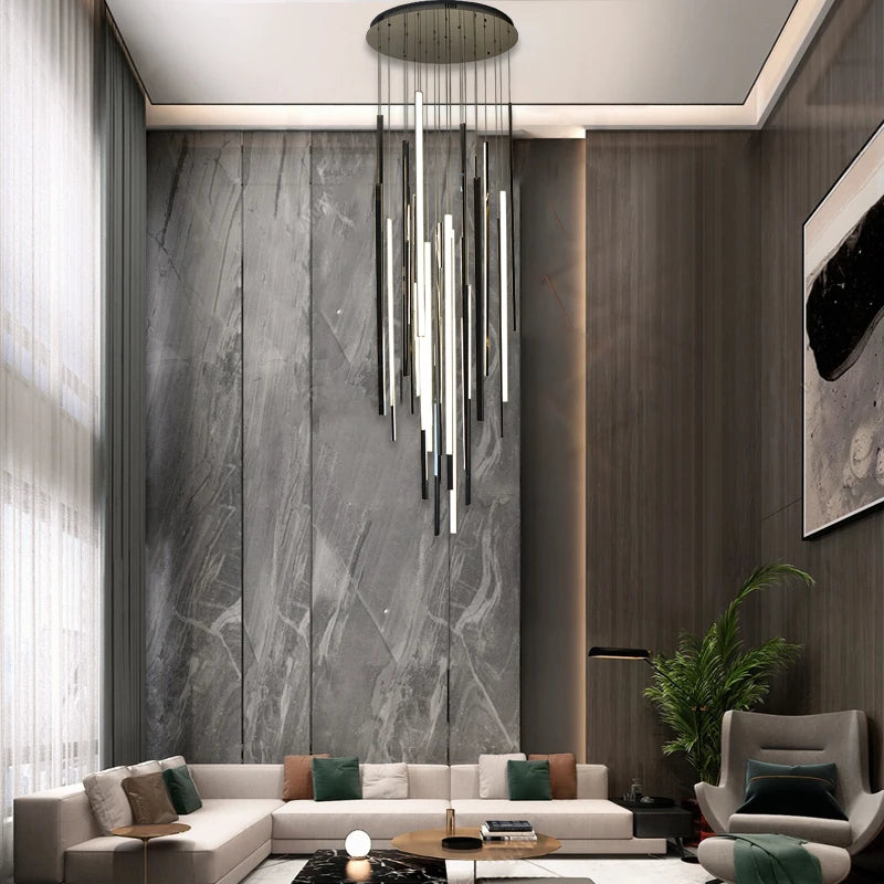 lustre long duplex moderne en acier inoxydable pour villa - vue 5 sur 8