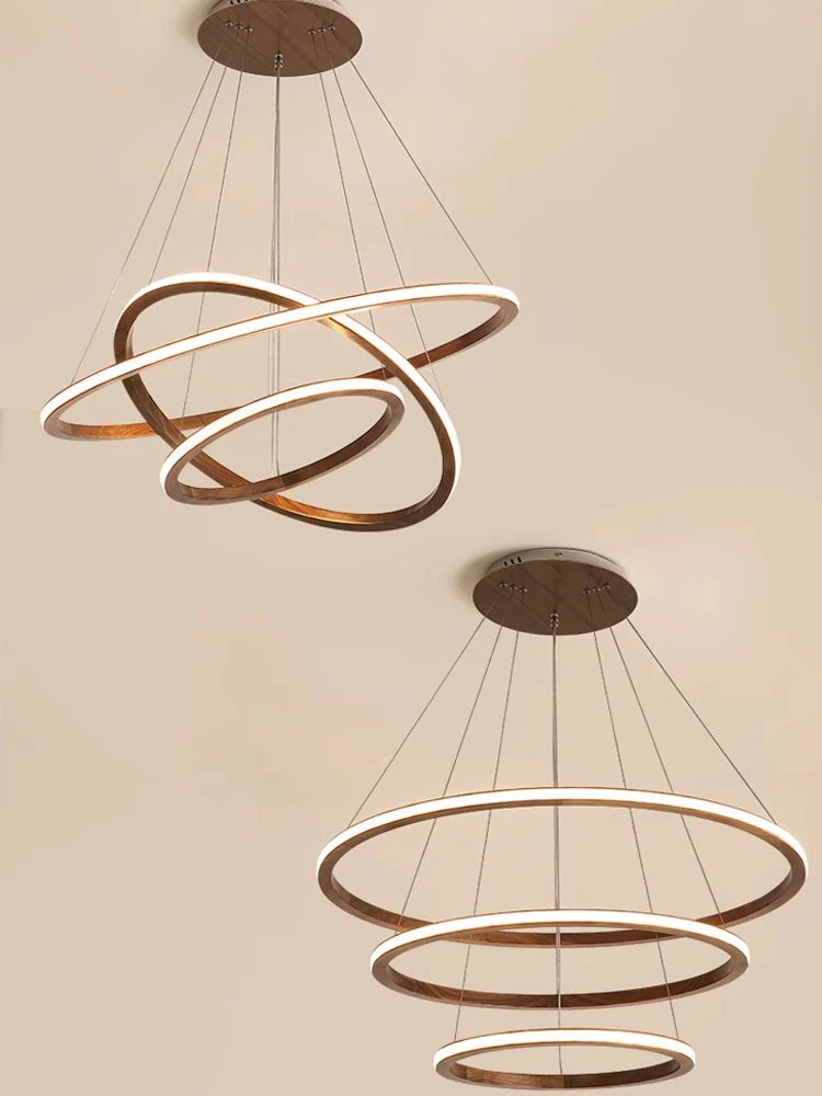 lustre moderne en bois led avec anneau en noyer rétro