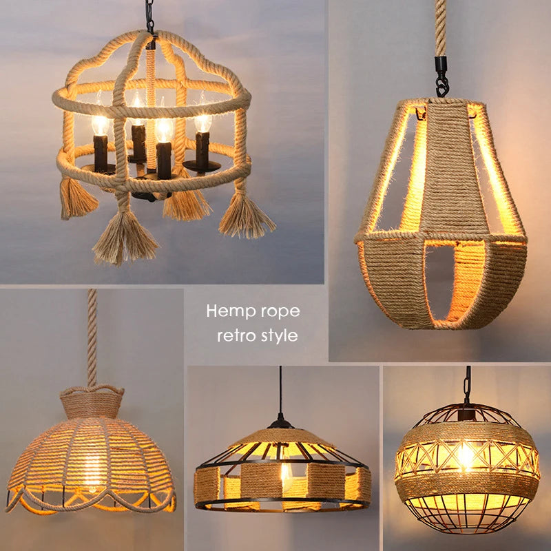 Sisal chanvre corde suspension plafonnier Lustre suspendu Lustre fer main tressage rustique rétro pour salle à manger décor