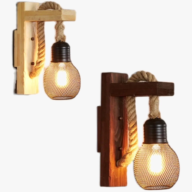 applique murale vintage industrielle en bois avec corde de chanvre