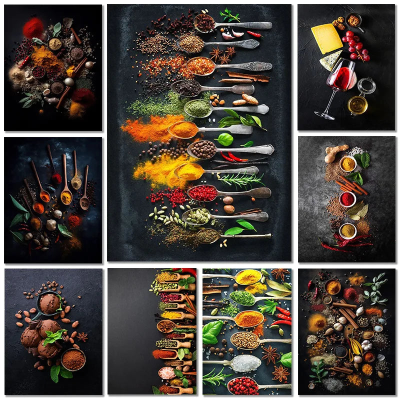 art mural moderne herbes de cuisine et ustensiles de sushi
