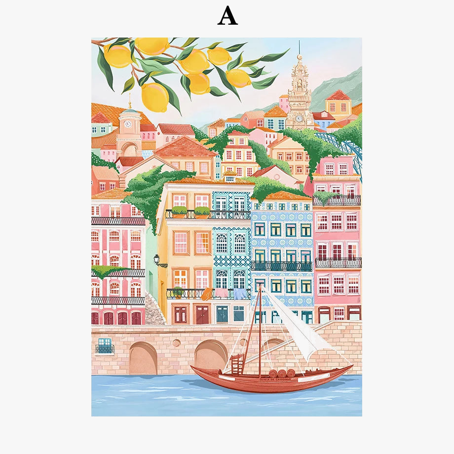 Art mural rétro de ville côtière avec bateau décoratif
