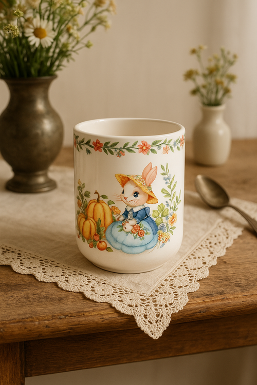 Assiette céramique motif citrouille et lapin style jardin