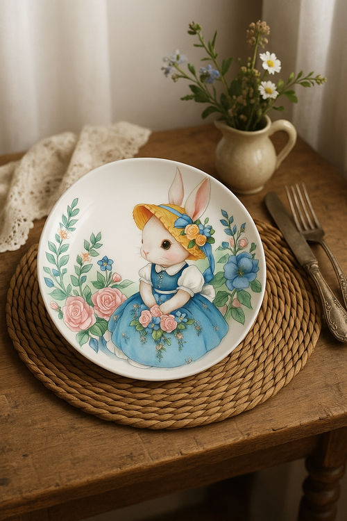 Assiette céramique motif citrouille lapin style jardin