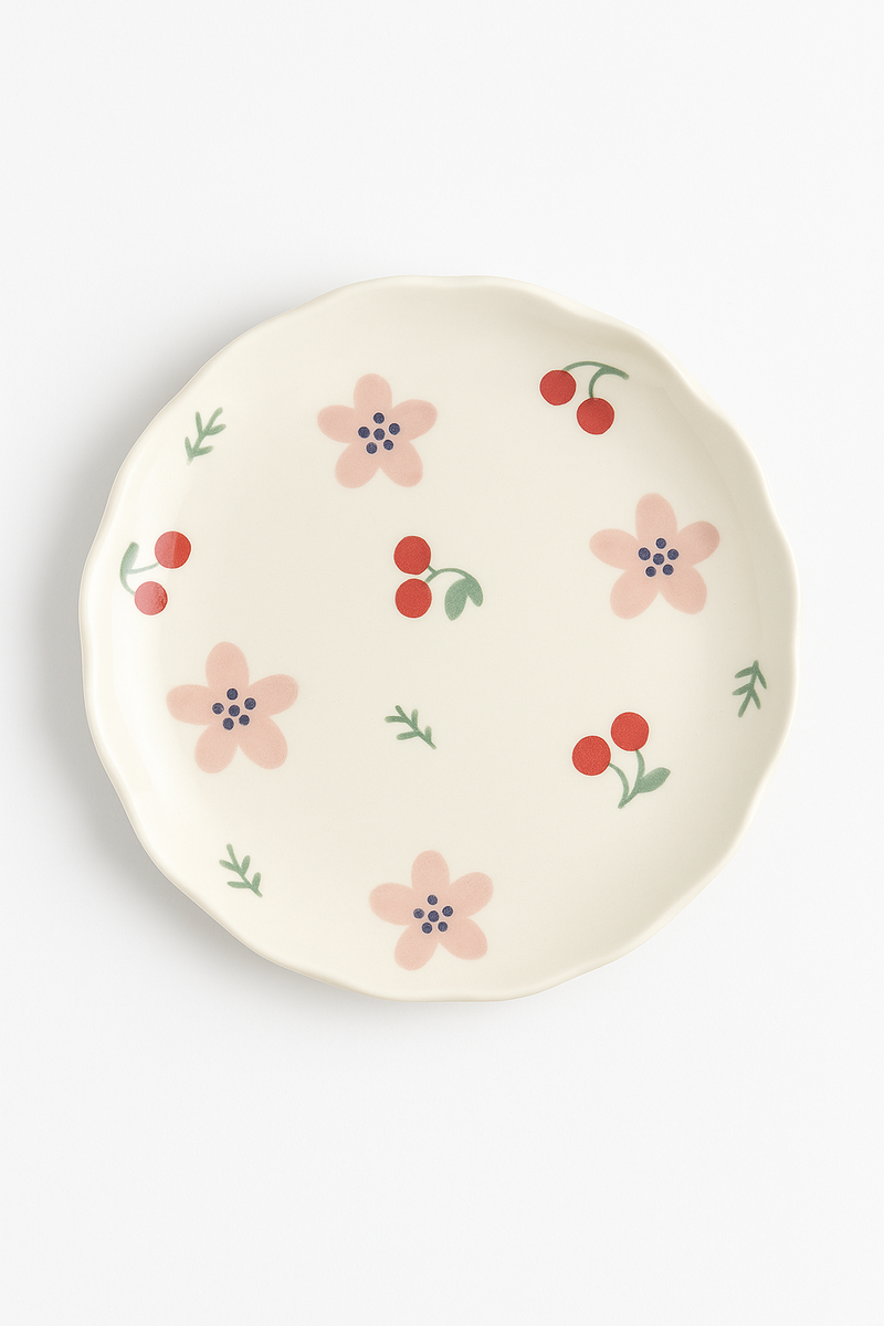 Assiette gateau ceramique style coreen motif floral artisanal