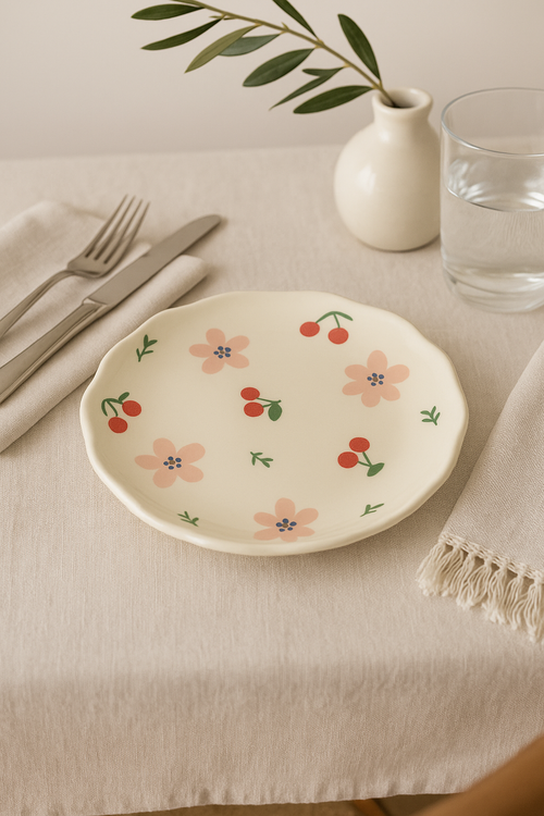 Assiette gateau ceramique style coreen motif floral artisanal