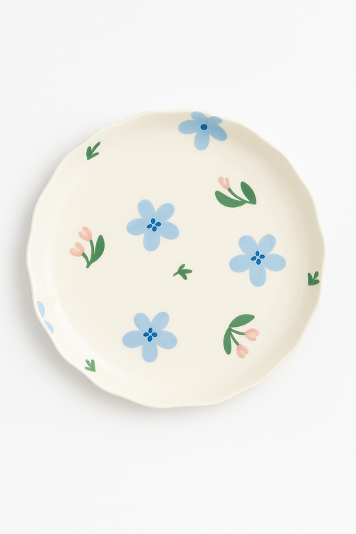 Assiette gateau ceramique style coreen motif floral irregulier