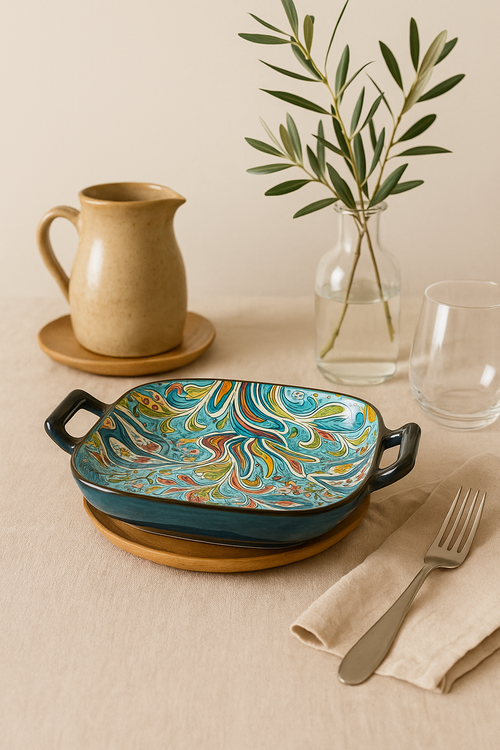 assiette poisson ceramique boheme double anse service cuisson