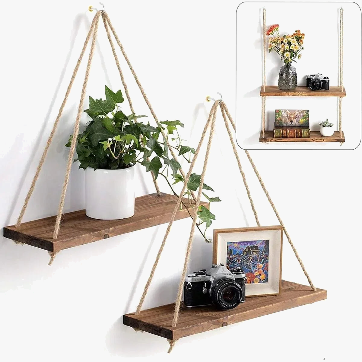 balançoire en bois suspendue avec corde de chanvre pour plantes et rangement