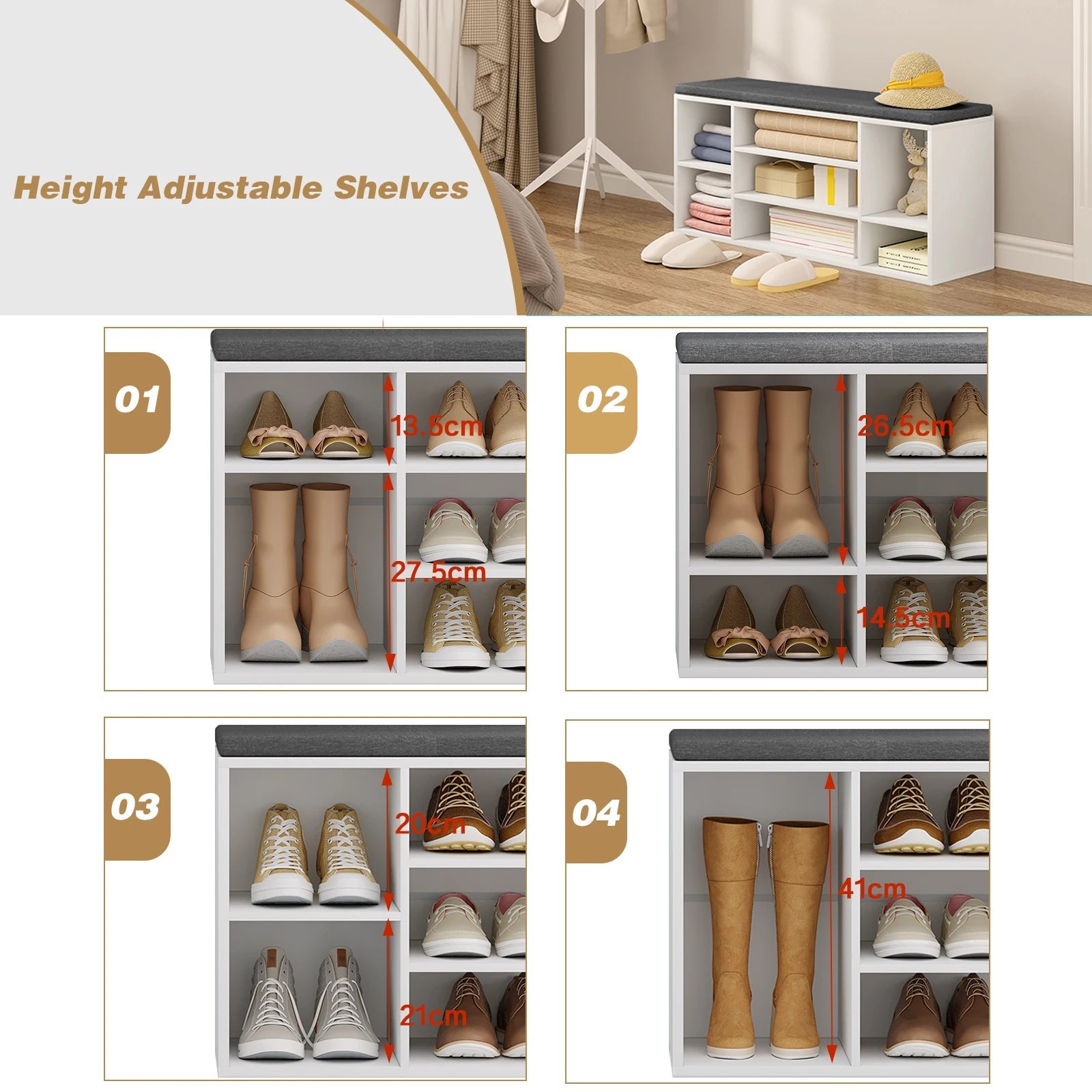 banc de rangement à chaussures avec coussin et compartiments pratiques