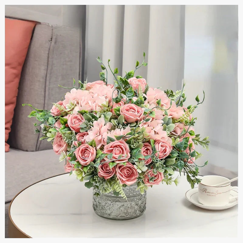 bouquet de fleurs artificielles roses et hortensias décoratifs pour saint-valentin