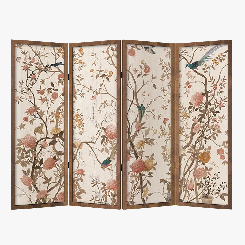 Cloison en bois massif style chinois avec fleurs et oiseaux décoratifs