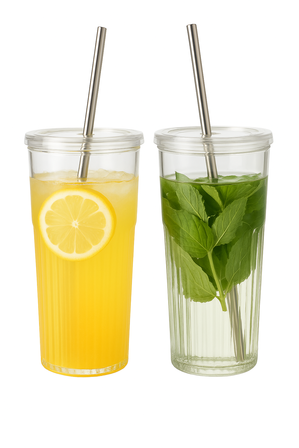 Gobelet verre rayé 600 ml avec couvercle paille