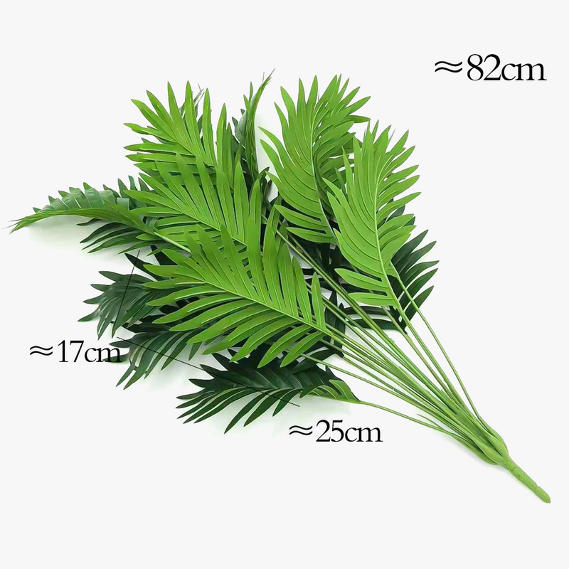 grand palmier artificiel avec branches de monstera pour décoration extérieure
