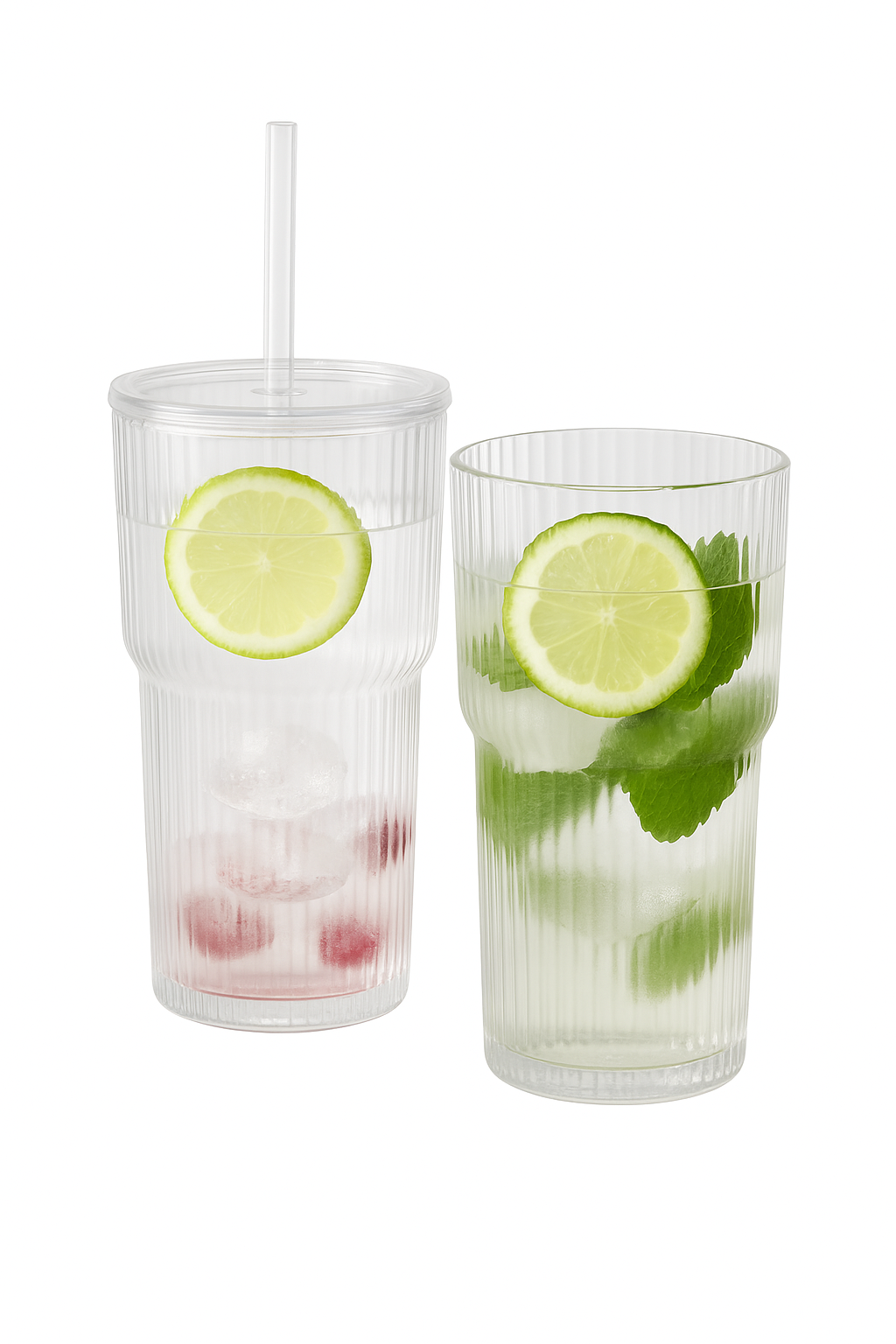 Grande tasse verre rayé avec couvercle et paille