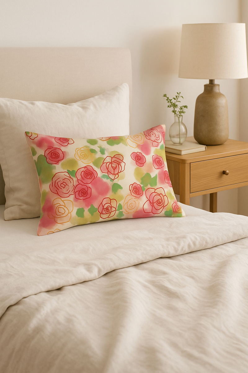 housse de coussin décorative à motif fleurs rouges et arc-en-ciel