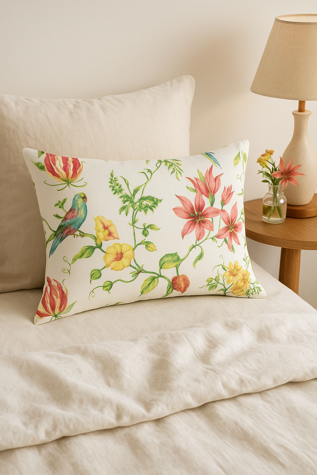 housse de coussin décorative motif arc-en-ciel fleurs rouges roses - vue 2 sur 2