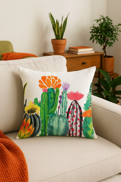 housse de coussin décorative motif cactus et plantes tropicales