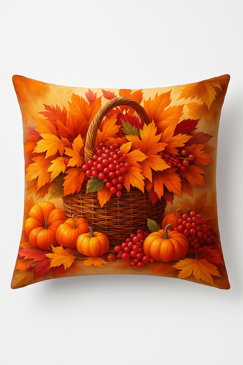 housse de coussin décorative motif feuilles d'automne et panier