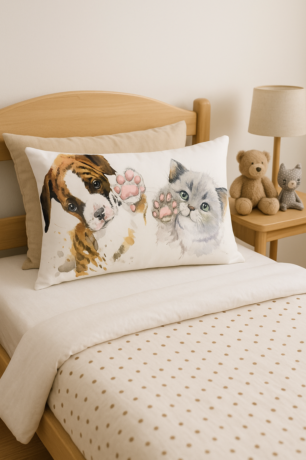 housse de coussin décorative motif petits animaux chiot chat - vue 3 sur 2