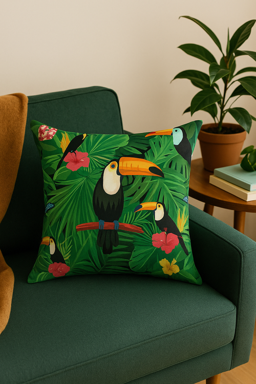 housse de coussin motif cactus monstera et plantes tropicales