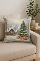 housse de coussin motif père noël et chalet enneigé
