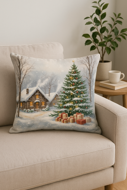 housse de coussin motif père noël et chalet enneigé